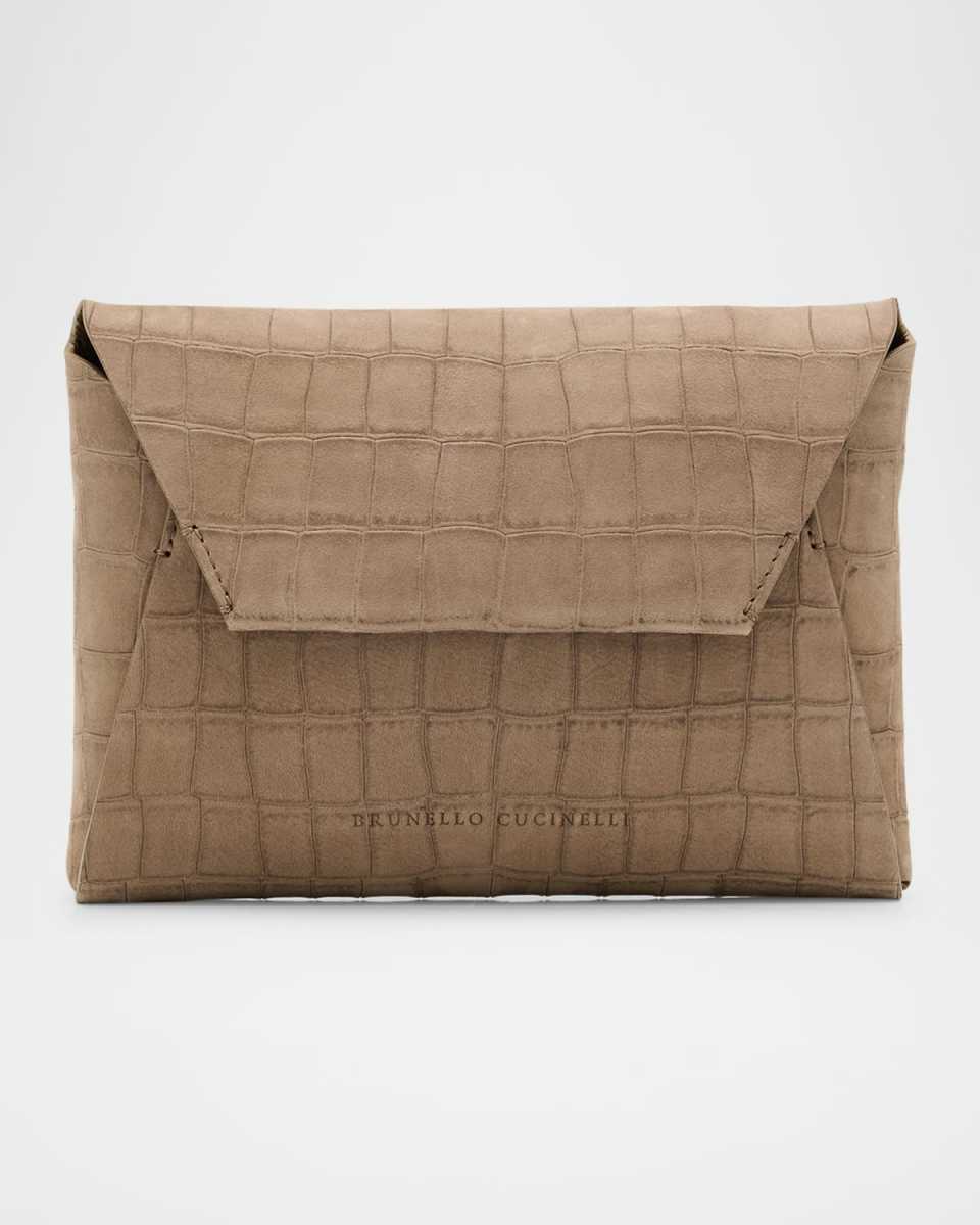 Duo Mini Croc-Embossed Suede Pouchette Clutch Bag